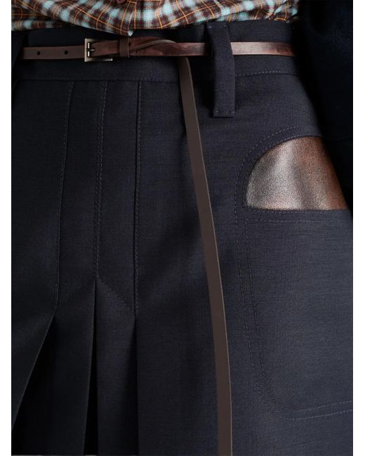 Prada Blue Leather-Pocket Pleated Mini Skirt