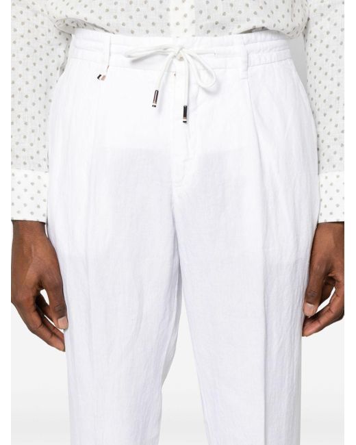 Boss White Drawstring Linen Tapered Trousers for men