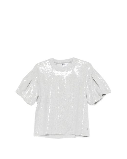 DKNY White Sequins Puff-Sleeves T-Shirt