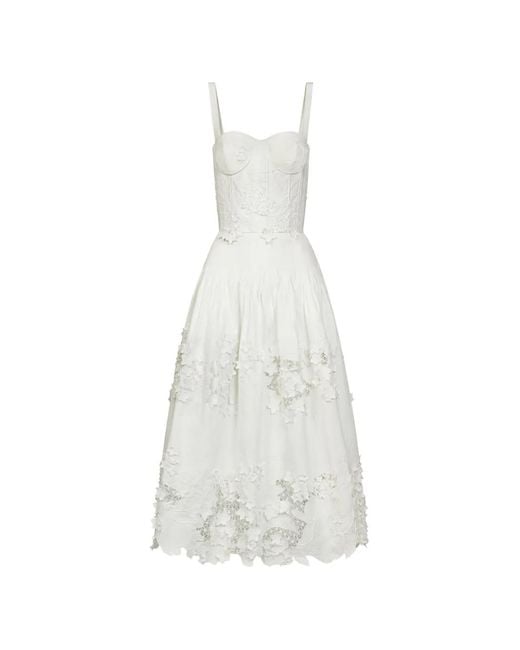 Oscar de la Renta White Porcelain Flower Guipure Bustier Dress