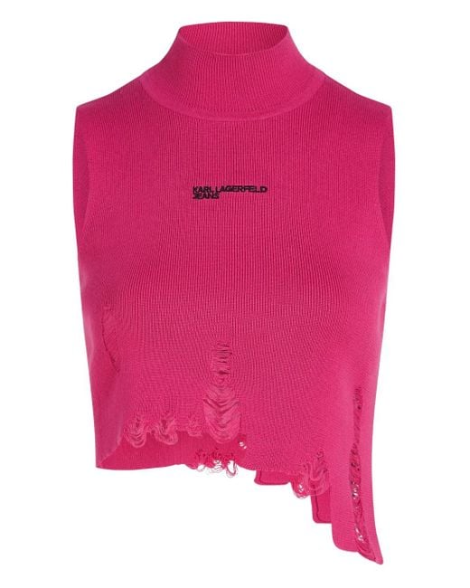 Karl Lagerfeld Pink Sleeveless Crop Top With High Neckline
