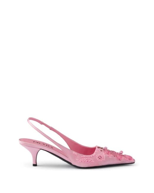 Prada Pink Embroidered Satin Slingback Pumps