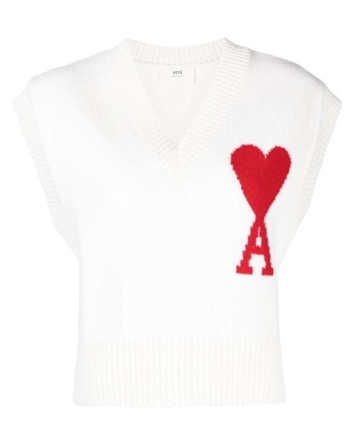 AMI White Logo-intarsia Knitted Vest