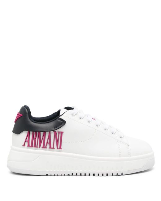 Emporio Armani Logo-appliqué Leather Sneakers in het White