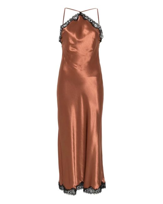Rixo Brown Bronze Satin Halterneck Spitze Slip Kleid