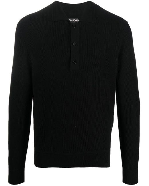 Tom Ford Silk Long-sleeve Ribbed-knit Polo Top in Black for Men | Lyst