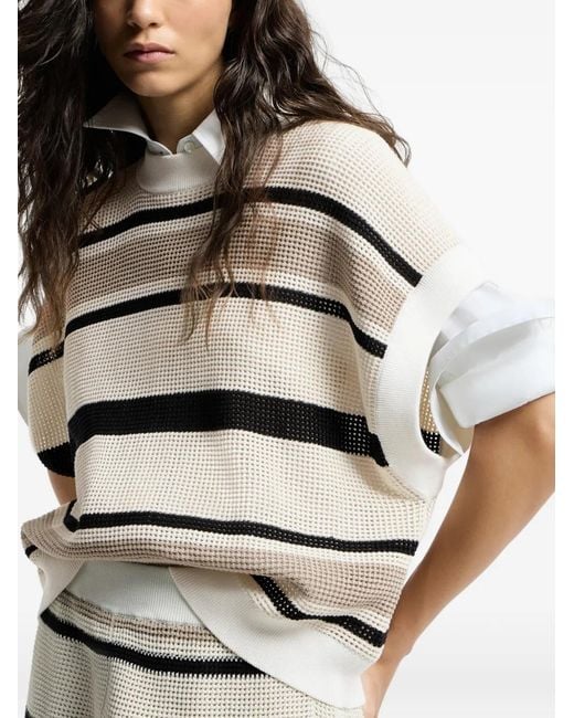 Brunello Cucinelli White Striped Cotton Net Knit T-Shirt