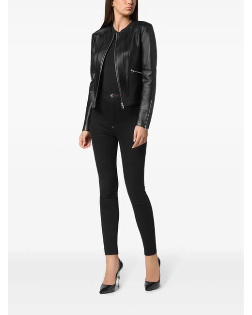 Philipp Plein Black Zip-Front Leather Biker Jacket