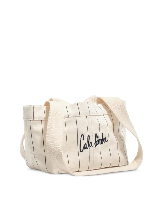 Bimba Y Lola Natural Mini Pinstripe Logo-Embroidered Shoulder Bag