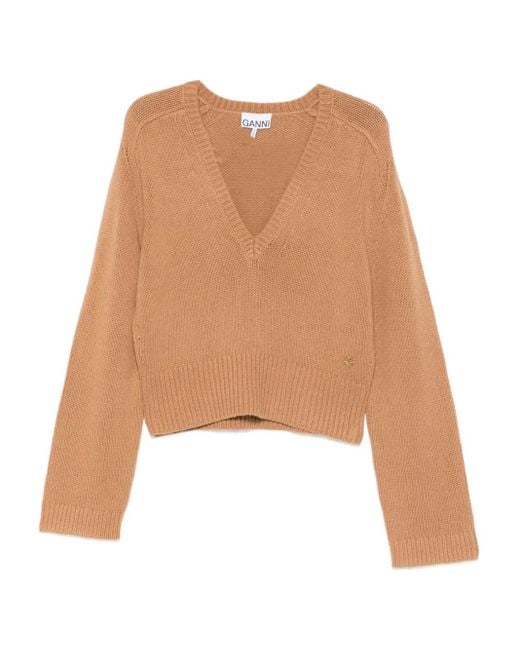 Ganni Natural V-Neck Logo-Detail Knitwear