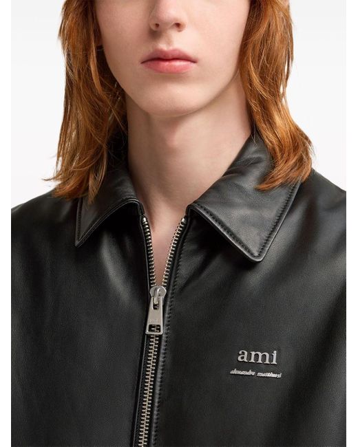 AMI Black Logo-lettering Leather Bomber Jacket