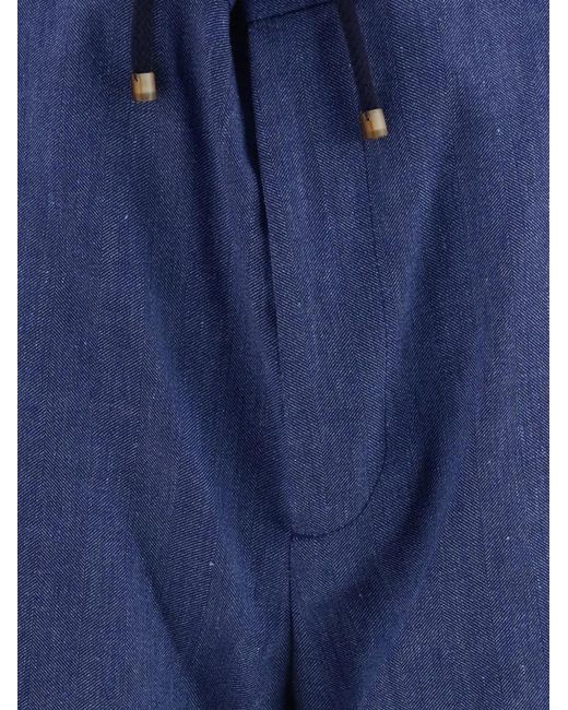 Brunello Cucinelli Blue Herringbone Drawstring-Waist Shorts for men