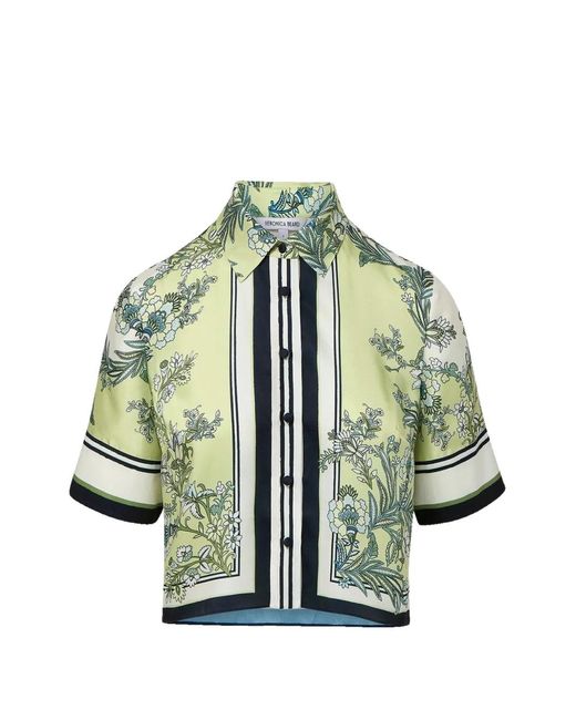 Veronica Beard Green Floral-Print Silk Shirt