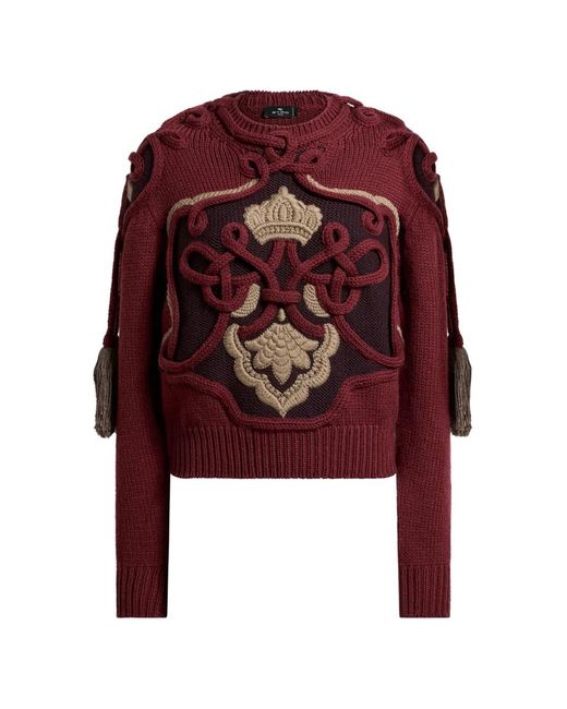 Etro Red Ribbed Wool Sweater With Tassels And Embroidery