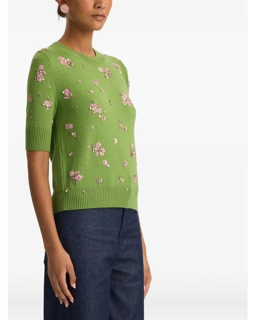 Oscar de la Renta Green Crystal-Cluster Embroidered Pullover