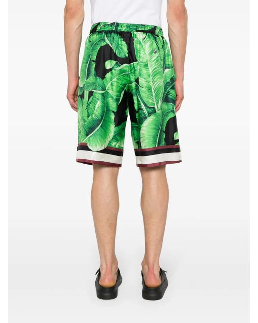 Dolce & Gabbana Green Leaves-Print Silk Shorts for men