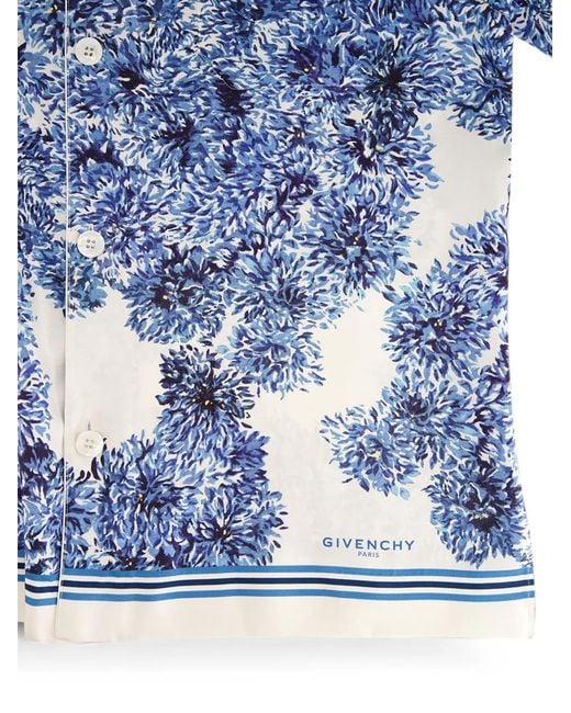 Givenchy Blue Couture Seam Pompom Flower-Print Silk Bowling Shirt for men