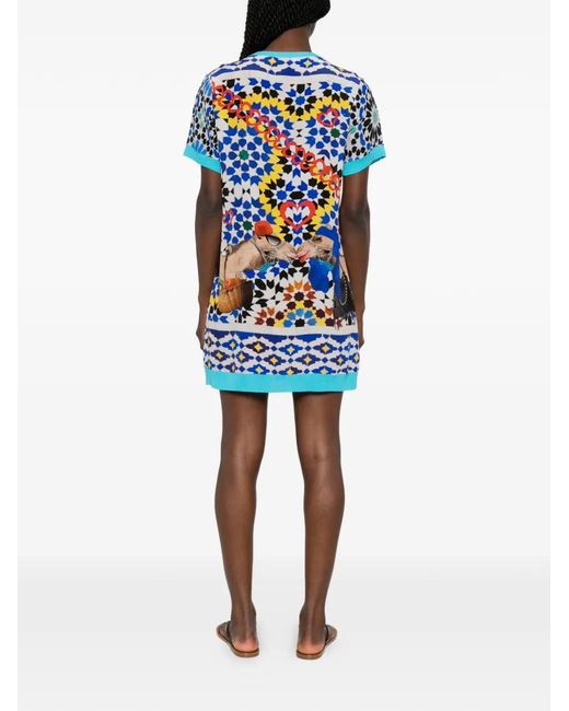 The Artistylist Blue Panda-Print Silk Mini Dress