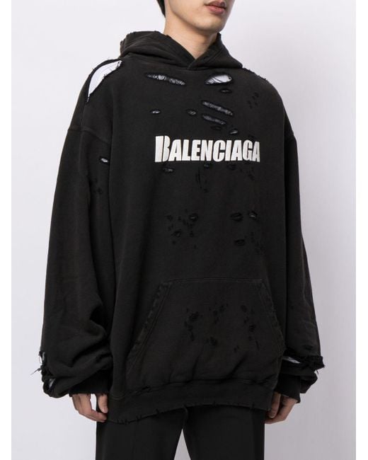 Balenciaga Logo-print Distressed Jersey Hoodie In Black