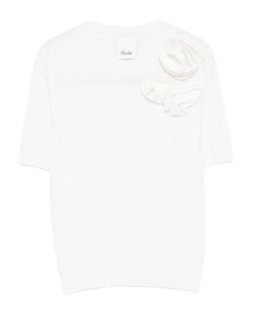 Allude White Flower-Appliqué T-Shirt
