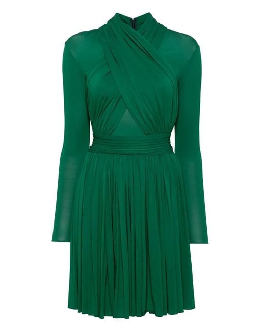 Hervé L. Leroux Green X front overlap long sleeves swing dress