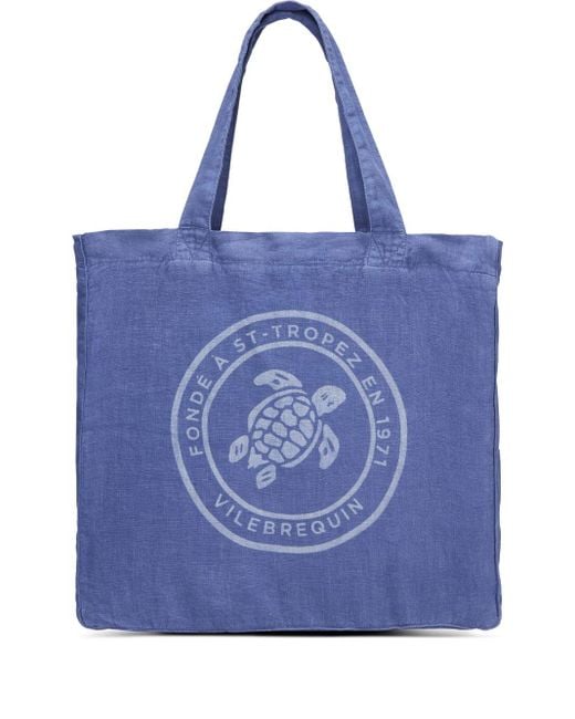 Vilebrequin Blue Turtle-print Linen Tote Bag