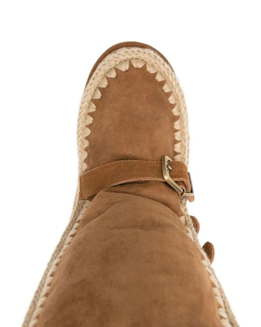 Mou Brown Crochet-Trimmed Buckle Boots