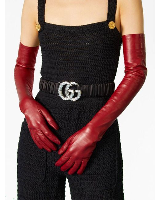 Double G Crystal Embellished Leather Belt in Black - Gucci