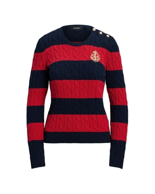 Ralph Lauren Red Pull En Maille Torsadée À Rayures