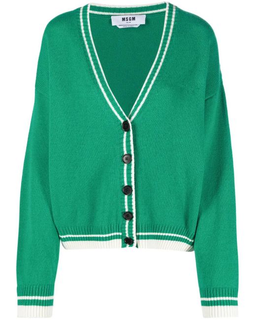 MSGM Green Striped-Edge Knitted Cardigan