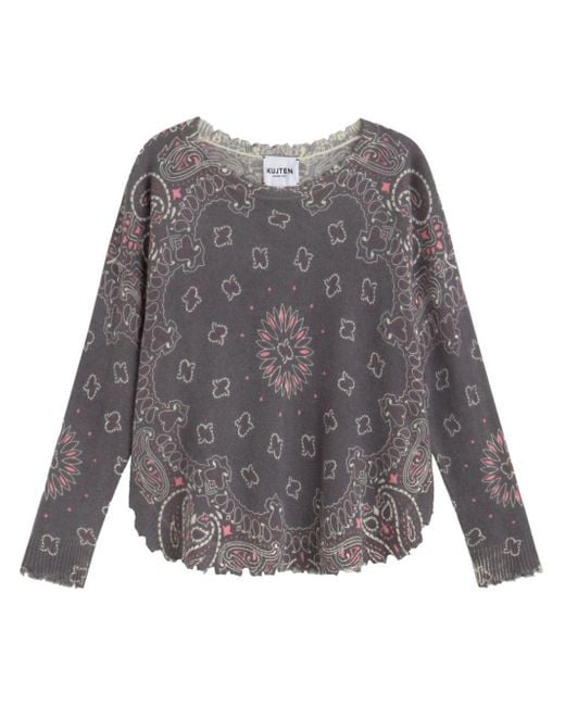 Kujten Gray Cashmere Bandana Print Sweater