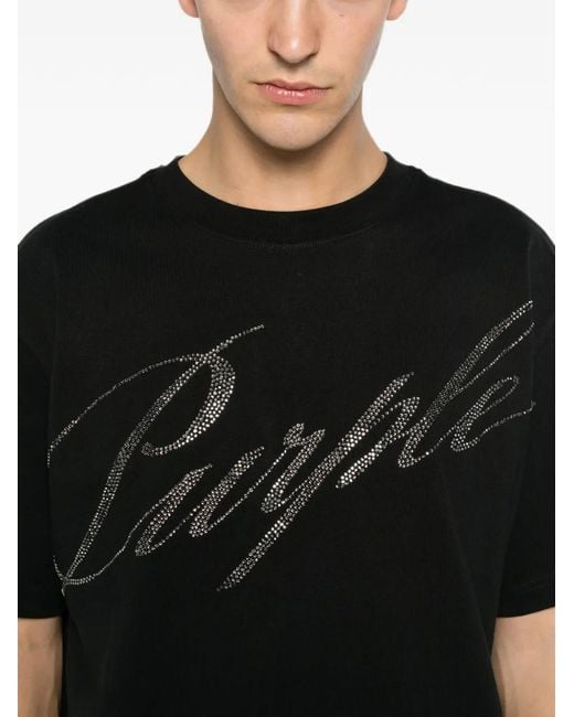 Purple Brand Black Rhinestone-Logo T-Shirt for men