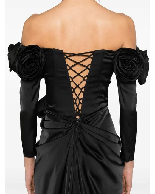 Ana Radu Black Floral-Appliqué Satin Gown