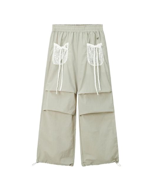 Mini Cream White Lace-Pocket Wide-Leg Trousers