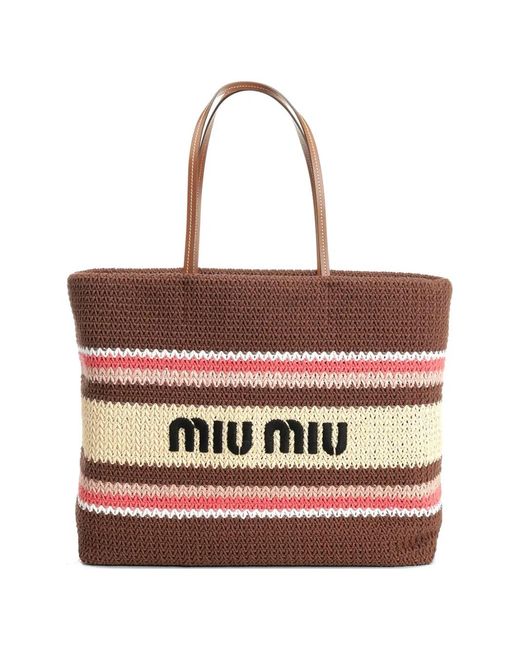 Miu Miu Red Striped Woven Tote Bag