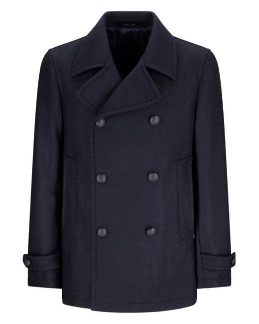 Tagliatore Blue Double-Breasted Herringbone Coat for men