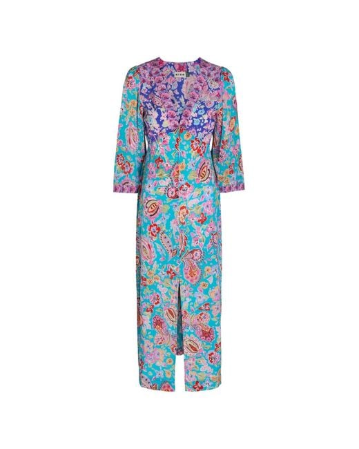 Rixo Blue Dahlia Floral-Print Silk Midi Dress