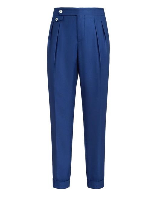 Brunello Cucinelli Blue Pleated Waist-Tab Trousers for men