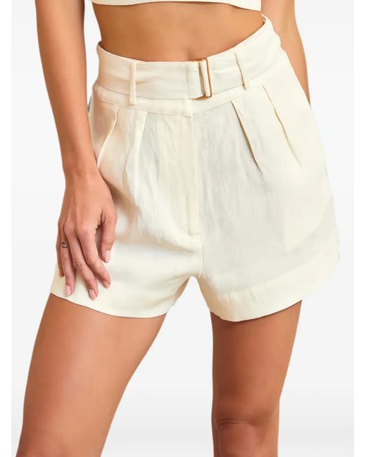 Hevron White Zinna Belted Pleated Shorts