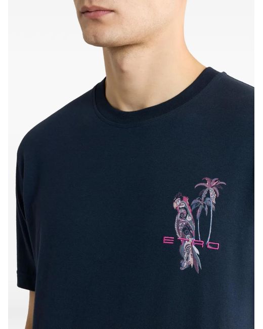 Etro Blue Parrot-Embroidered T-Shirt for men
