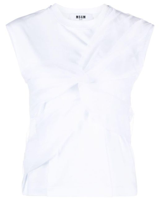 MSGM White Tulle-overlay Sleeveless Cotton T-shirt