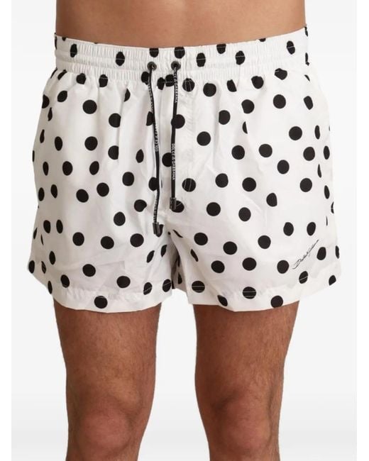 Dolce & Gabbana White Polka-Dot Drawstring Swim Shorts for men