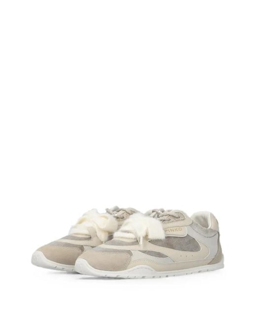 Pinko White Panelled Shearling-Trim Sneakers