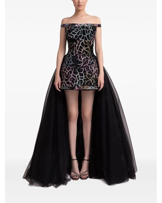Gemy Maalouf Black Off-Shoulder Patterned Dress