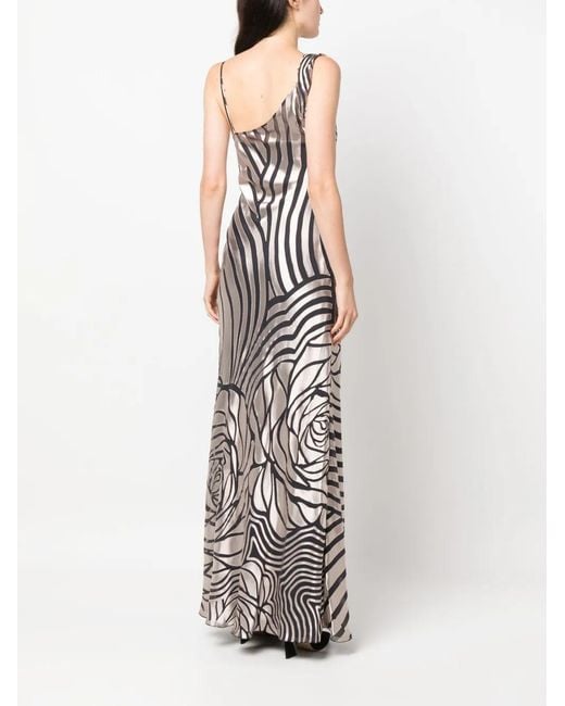 Alberta Ferretti White Rose-Print Asymmetric Sleeveless Gown