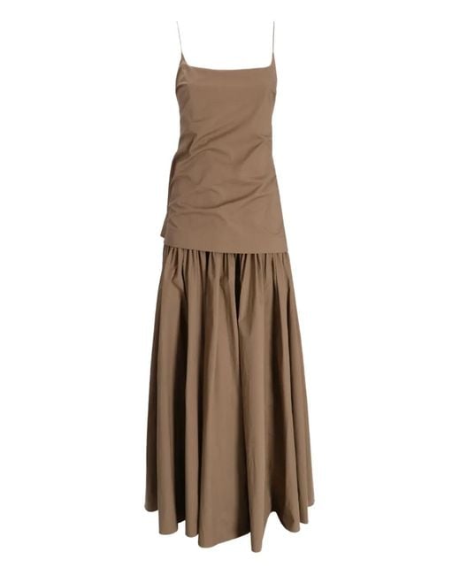 Staud Natural Gathered-Skirt Slip Midi Day Dress