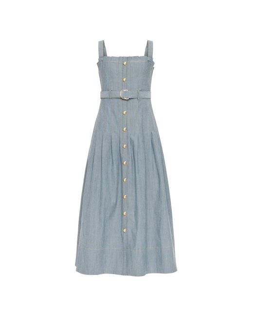 Cinq À Sept Blue Button Belted Midi Dress