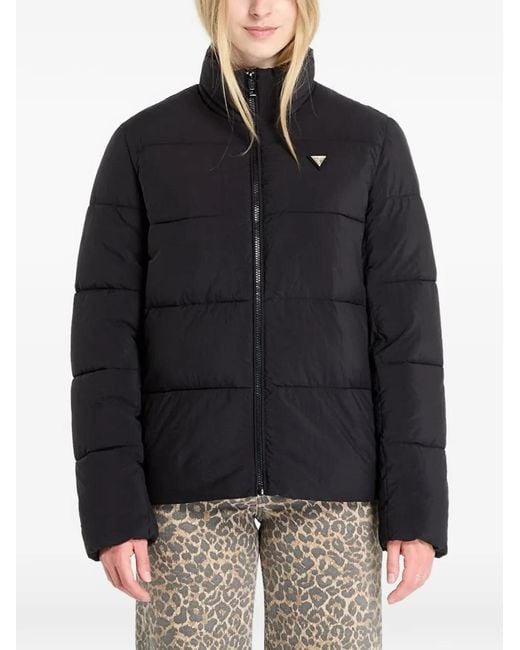 Guess Black Quilted Logo-Plaque Jacket