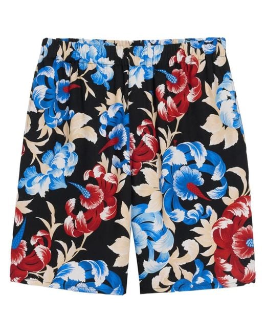 AMI Blue Floral-Print Elasticated-Waist Shorts