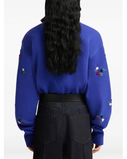 Marni Blue Flower-Embroidered Balloon-Sleeve Cardigan